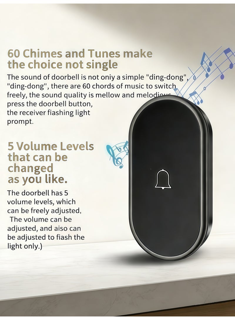 Wireless Doorbell,IP44 Waterproof Wireless Doorbell,Adjustable Volume Wireless Chime,Wireless Doorbell with Light Indicator, 60 Chimes & 5 Volume Levels,Long Range Strong Wall Penetration, Easy Pairing Wireless Door Chime Kit,for Home, Apartment, Office, Warehouse,Hotel,Dormitory,Elderly, Hearing Impaired - Image 4